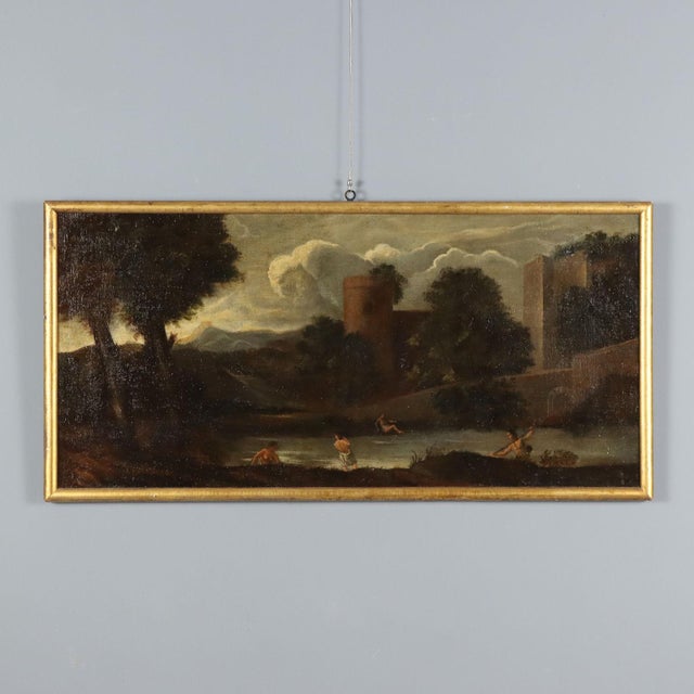 Italian School Artist, Landscape Painting with Buildings and Bathers, 18th Century, Oil Painting on Canvas, Framed For Sale - Image 13 of 13
