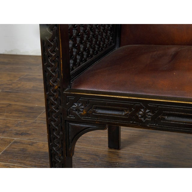 Moroccan Set of 12 Moroccan Ebonized Carved Wood Armchairs with Leather Seats, circa 1900 For Sale - Image 3 of 12