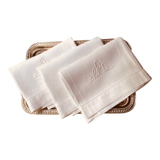 Antique Monogrammed Linen Hand Towels, Embroidered Monogram, Hemstitched, Set of 3 | C. 1930s | Nantucket Estate For Sale