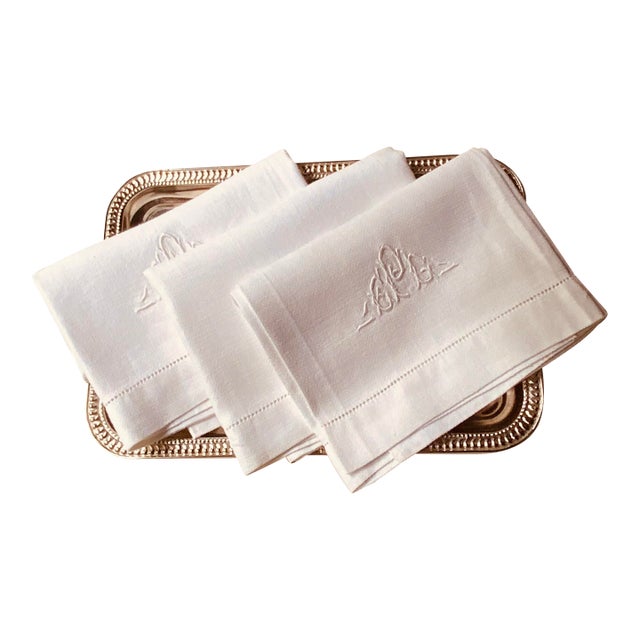 Antique Monogrammed Linen Hand Towels, Embroidered Monogram, Hemstitched, Set of 3 | C. 1930s | Nantucket Estate For Sale