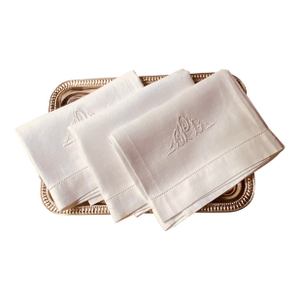 Antique Monogrammed Linen Hand Towels, Embroidered Monogram, Hemstitched, Set of 3 | C. 1930s | Nantucket Estate