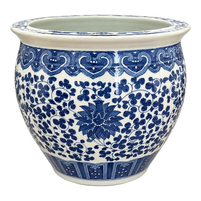 Mid to Late Twentieth Century Large Vintage Chinese Blue & White Porcelain Floral Fishbowl Planter Jardinière For Sale