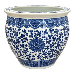 Mid to Late Twentieth Century Large Vintage Chinese Blue & White Porcelain Floral Fishbowl Planter Jardinière
