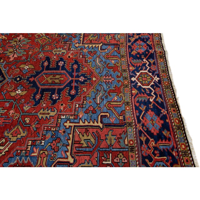 Red Antique Persian Heriz Handmade Wool Rug With Medallion Design For Sale - Image 9 of 11