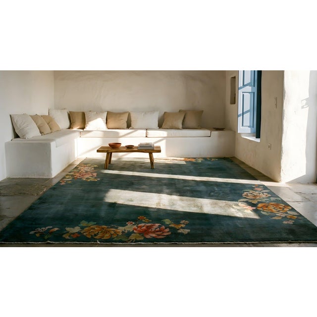 1930s Green Floral Minimalist Antique Chinese Art Deco Carpet 8'10" X 11'7" Knotted Wool Rug For Sale - Image 13 of 14