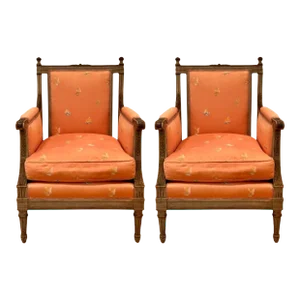 Maison Jansen Style, Gustavian, Louis Xvi, Armchairs, Gray Distressed Paint