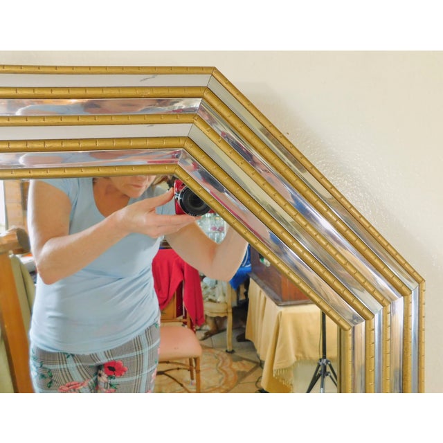 1970s Vintage Mid Century Silver & Gold Faux Bamboo Octagonal Hanging Wall Mirror For Sale - Image 5 of 10