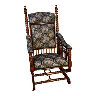 1870 Antique George Hunzinger Barley Twist Oak Rocking Chair New Upholstery For Sale