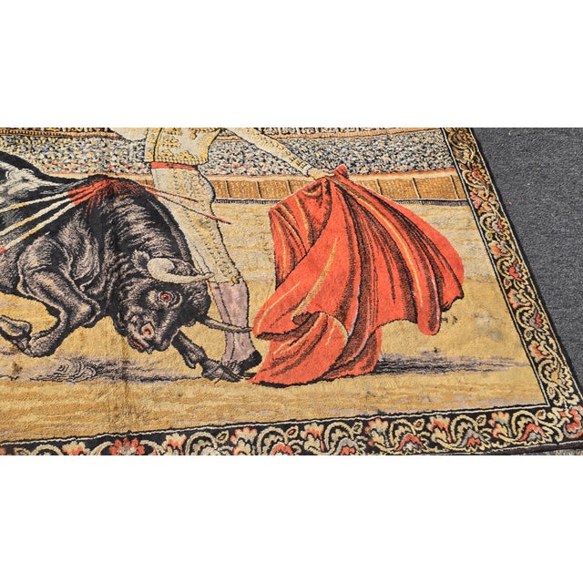 Vintage Spanish Bull Fight W Matador and Bull Velvet Tapestry Made in Italy For Sale - Image 4 of 16