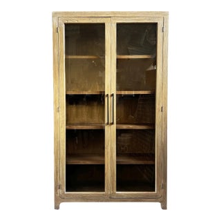 Mod Vintage Elm Wood Glass Display Cabinet For Sale