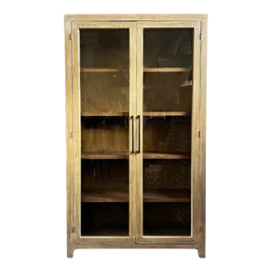 Mod Vintage Elm Wood Glass Display Cabinet