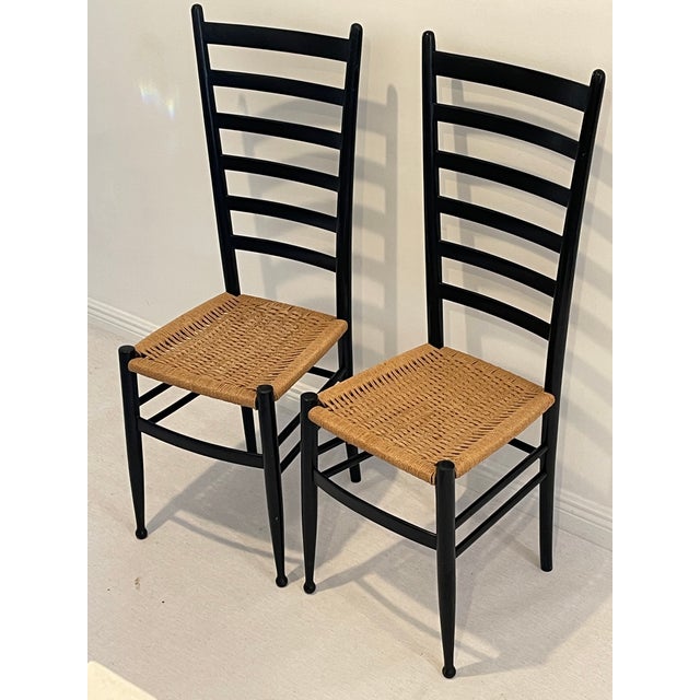 1950s Mid 20 Th C Pair Italian Chiavari Paolo Bufa Style Chairs High Back Ladder Ebonized Rush For Sale - Image 5 of 6