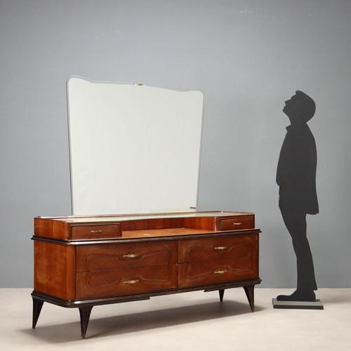 Vintage cabinet with exotic wood veneer and glass and mirror top. This piece is attributed to the mentioned...