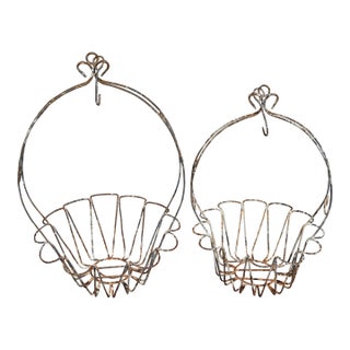 1980s Shabby Pair of Round Iron Wire Hanging Planters Baskets W/Chippy White Paint For Sale