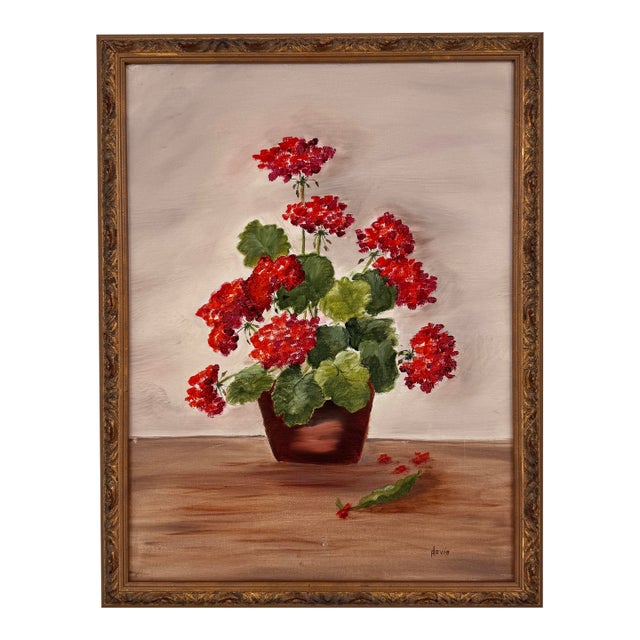 Vintage Floral Still Life Oil Painting Red Geraniums in Ornate Gilt Frame - Signed by David For Sale