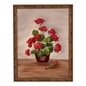 Vintage Floral Still Life Oil Painting Red Geraniums in Ornate Gilt Frame - Signed by David
