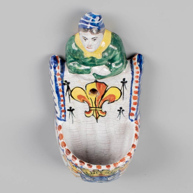 19th Century French Faience Bénitier, or Wall Pocket, Hand-Painted For Sale - Image 4 of 5