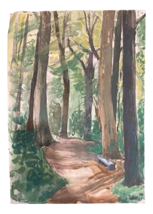Isaac Charles Goetz, Banc en pierre sous les bois, 1960s, Watercolor