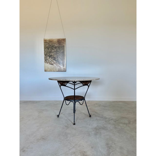 Tan Round Breccia Botticelli Marble Top on Iron Frame Table Inset With Woven Wicker For Sale - Image 8 of 16