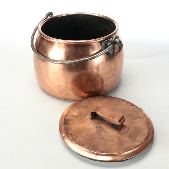 Rustic European Antique Copper Stock Pot Cauldron With Wrought Iron Handle For Sale - Image 3 of 14
