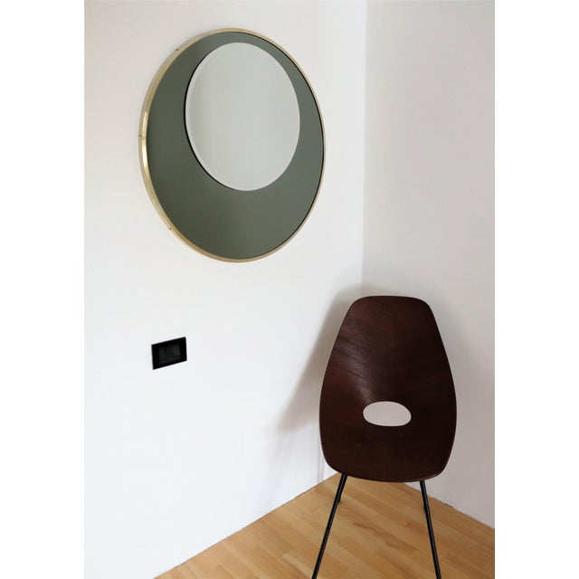 Italian Double Glass Designer Wall Mirror with Brass Frame, 1970s Gorgeous wall or console mirror with two round mirror...