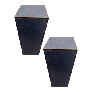 A Pair of Blue Faux Shagreen Side Tables Banded in Antiqued Brass For Sale