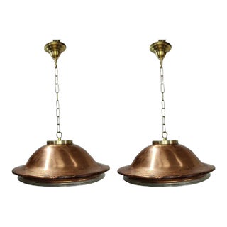 Pair of Mid 20th Century Large Copper and Holophane Lead Crystal Pendant Lights For Sale