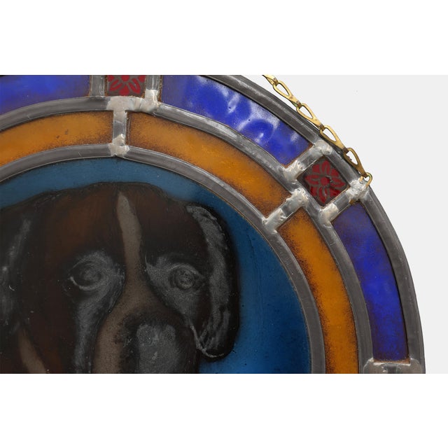 Blue Art Deco Stained Glass Roundel with Boxer Dog, Belgium, 1890s For Sale - Image 8 of 9