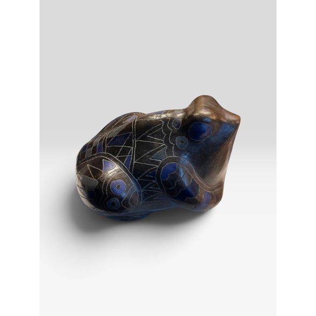 Tribal Vintage Studio Pottery Frog Sculpture With Cobalt Blue Geometric Decoration For Sale - Image 3 of 7
