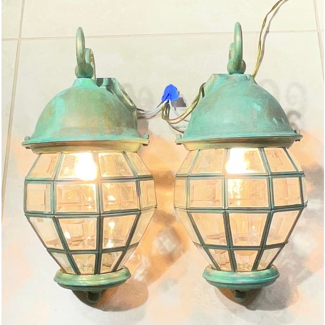 Funky Vintage Pair of Solid Brass Verdigris Wall Lanterns - 14”h X 7” W X 8”.5 D For Sale - Image 4 of 17