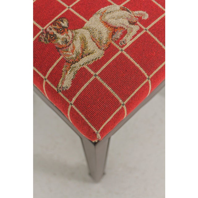 Pair Chinese Chippendale Dog Print Upholstered Ottomans or Stools