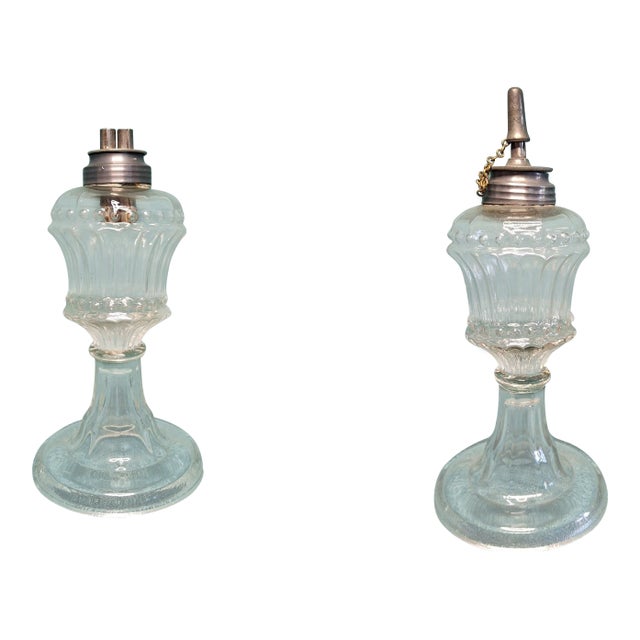 Matched Pair Antique 1830s-1850s Flint Glass Whale Oil Lamps Pewter Burner For Sale
