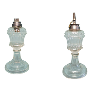 Matched Pair Antique 1830s-1850s Flint Glass Whale Oil Lamps Pewter Burner
