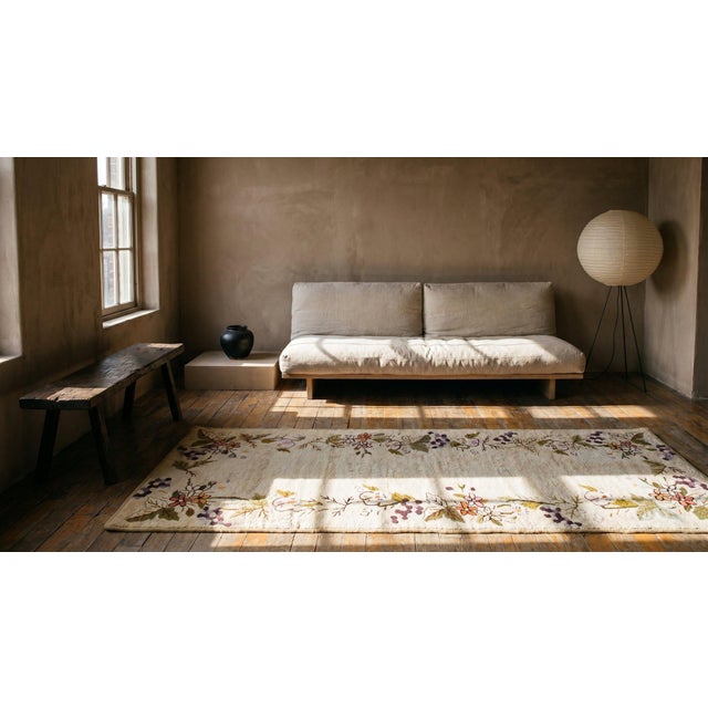 1930s Tan Beige Floral Folk Art Antique American Hooked Rug 2'6" X 9'0" Handknotted Wool Carpet For Sale - Image 11 of 13