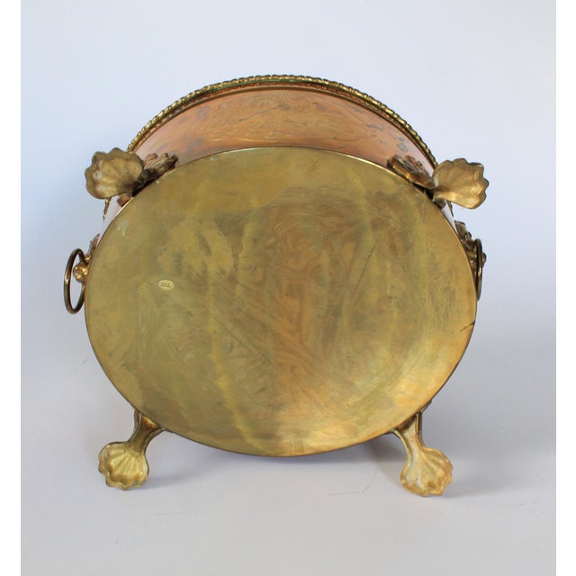 Vintage Oval Brass Cachepot W/ Lion Head Handles, Paw Feet and Etched Asian Motif For Sale - Image 16 of 18