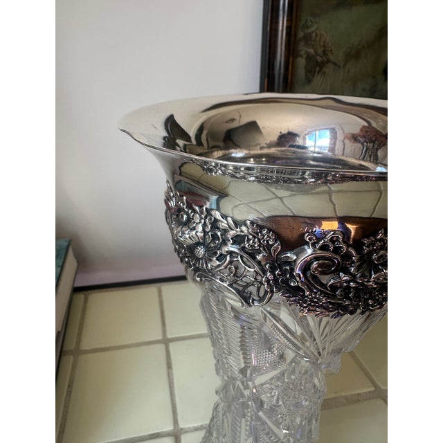American Brilliant Cut Crystal Vase With Sterling Silver Neck Collar in Ornate Repousse Floral Design For Sale In Boston - Image 6 of 11