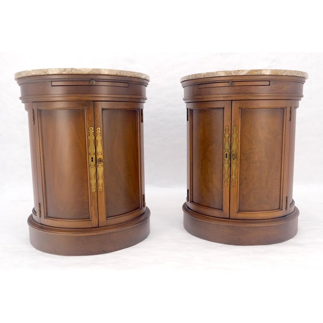 Pair of Round Cylinder Shape Two Doors End Lamp Tables Stands Pull Out Trays For Sale - Image 11 of 18