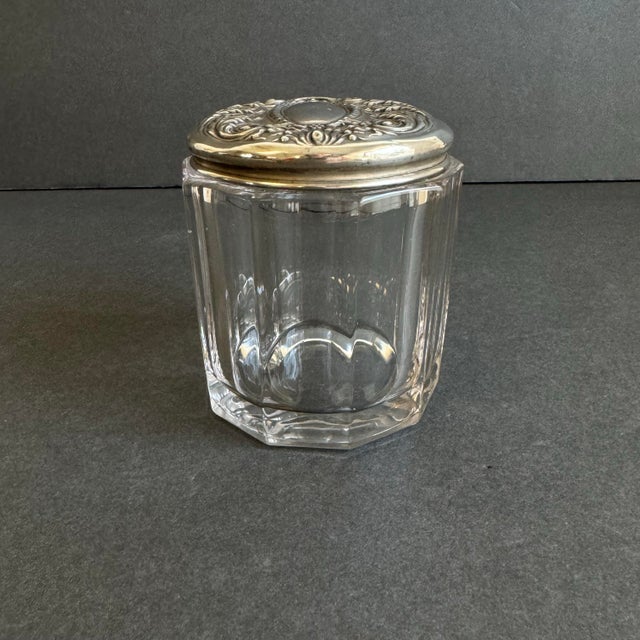 Victorian Sterling Silver Vanity Jar Victorian Glass Dresser Jar With Repousse Lid For Sale - Image 3 of 11