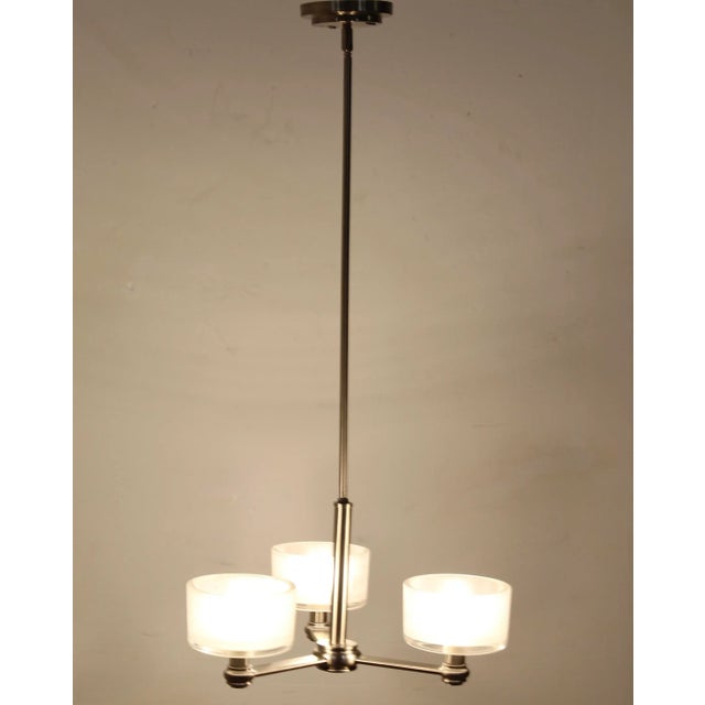 2000 - 2009 Brushed Nickel Modern 3 Light Chandelier | Sloped Ceiling For Sale - Image 5 of 5