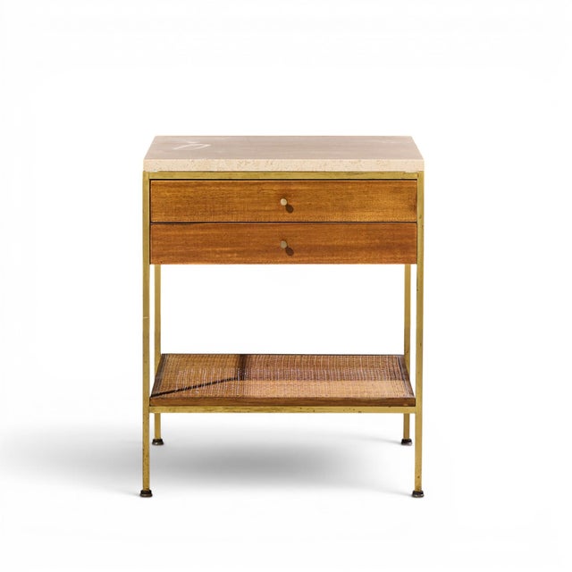 Brown Paul McCobb for Calvin Irwin Group Model 8714 Mid Century Bleached Mahogany, Cane, Brass and Travertine Nightstand - Pair For Sale - Image 8 of 13