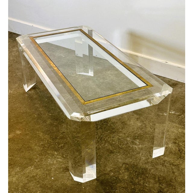 Acrylic Glass Coffee Table with Brass Details and Glass Plate, France, 1980s For Sale - Image 9 of 15