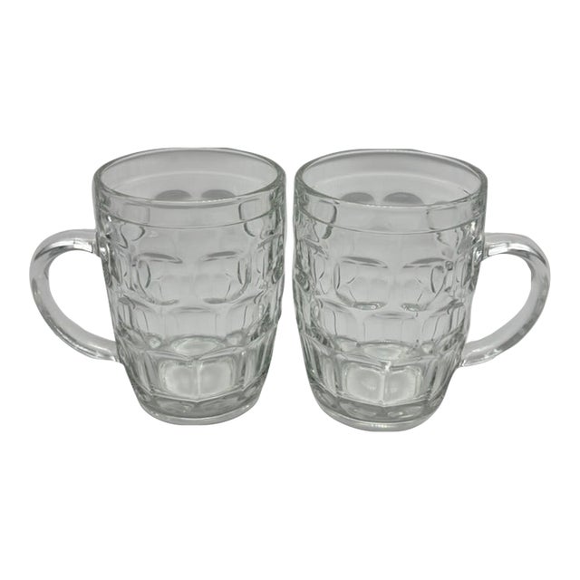 Vintage Arcoroc Clear Glass 16 Ounce Beverage Mugs, Thumbprint Pattern, Set of 2 Mugs For Sale