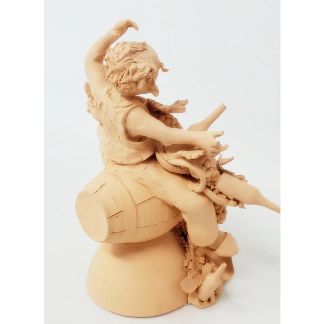 2010s 2011 Handmade Figurative Tan Clay Figurine, Bacchus - Dionysus With Wine Grapes Barrel For Sale - Image 5 of 13