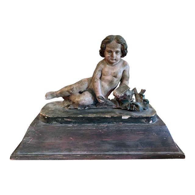 19th Century Hand Carved Polychrome Reclining Child W/ Book For Sale