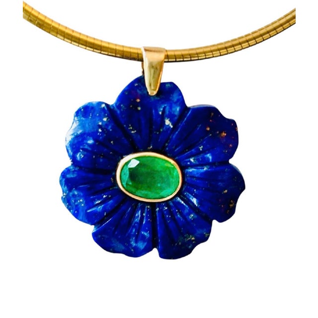 Flora Pendant, Lapis Flower With Emerald & 14k Gold For Sale - Image 4 of 11