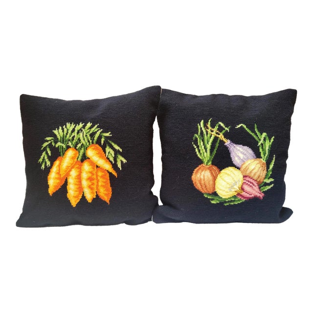 1970s Handmade Wool Needlepoint Embroidery Pillows With Carrots and Onions With Linen Backing For Sale