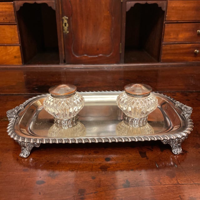 19th century Sheffield silver plated pen tray with gadrooned edge & shell decoration on scrolled feet, with 2 cut crystal...