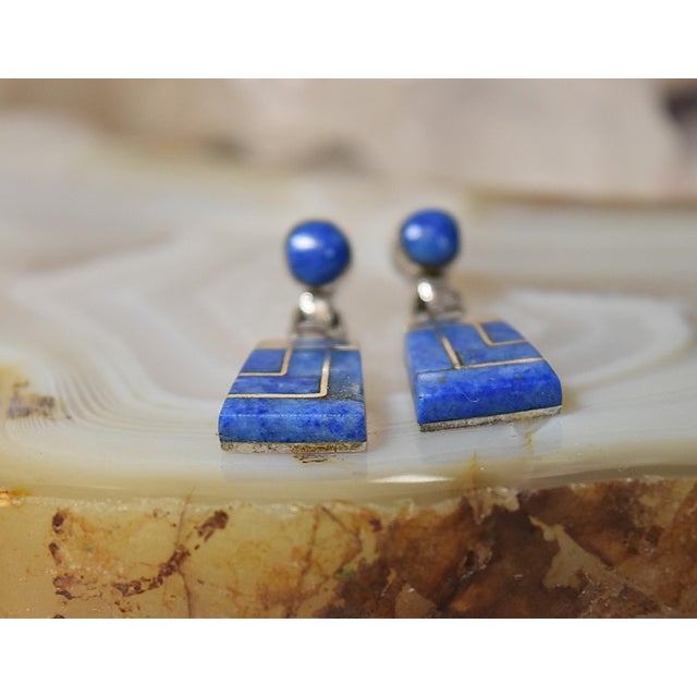 Vintage Escorcia Sterling Silver Lapis Inlaid Dangle Post Earrings, A Pair For Sale In Philadelphia - Image 6 of 17