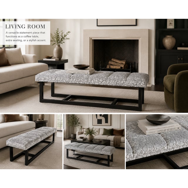 Bespoke Cut Velvet Gray Ottoman Bench With Architectural Metal Base For Sale - Image 4 of 6