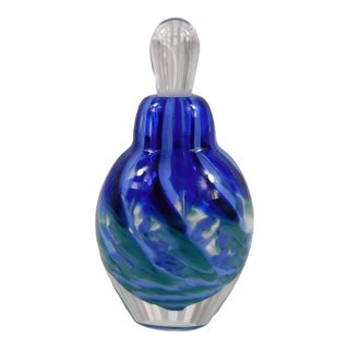 1980s Small Blue Striped Art Glass Perfume Bottle For Sale